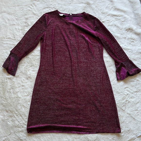 Michael Kors Burgundy Silver Metallic Knit Shift Dress Bell Sleeve Medium Petite - Picture 2 of 8
